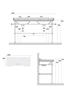 Art Deco - Dubbeltvättställ 150 cm med bronsben & glashylla