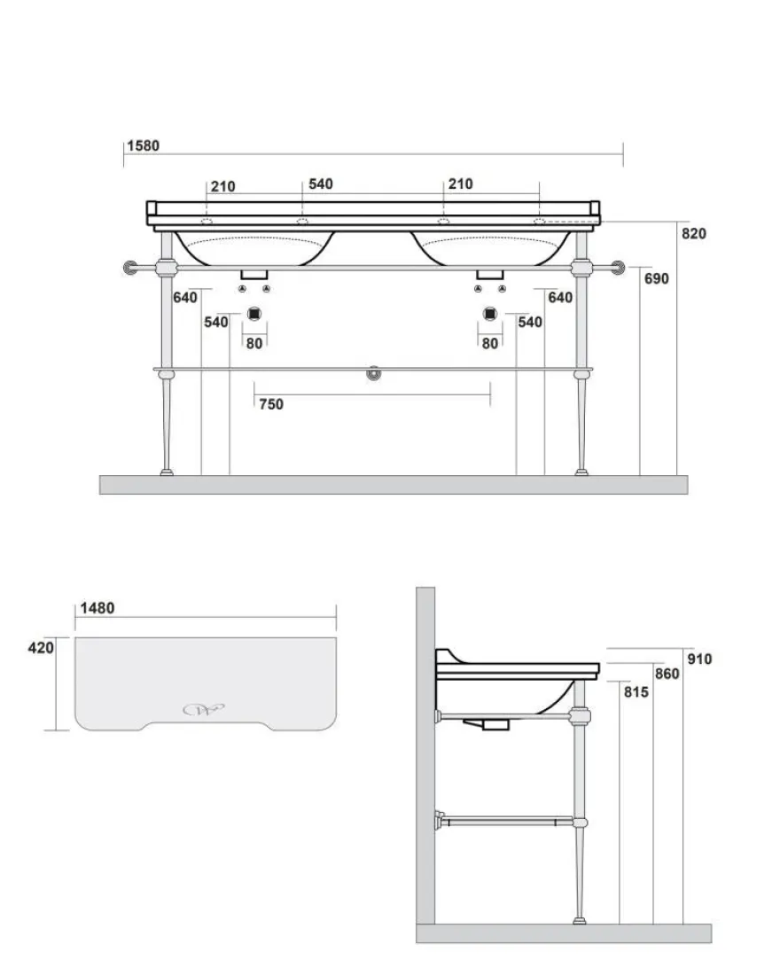 Art Deco - Dubbeltvättställ 150 cm med bronsben & glashylla