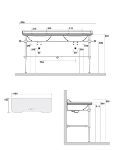 Art Deco - Dubbeltvättställ 150 cm med kromade ben & glashylla