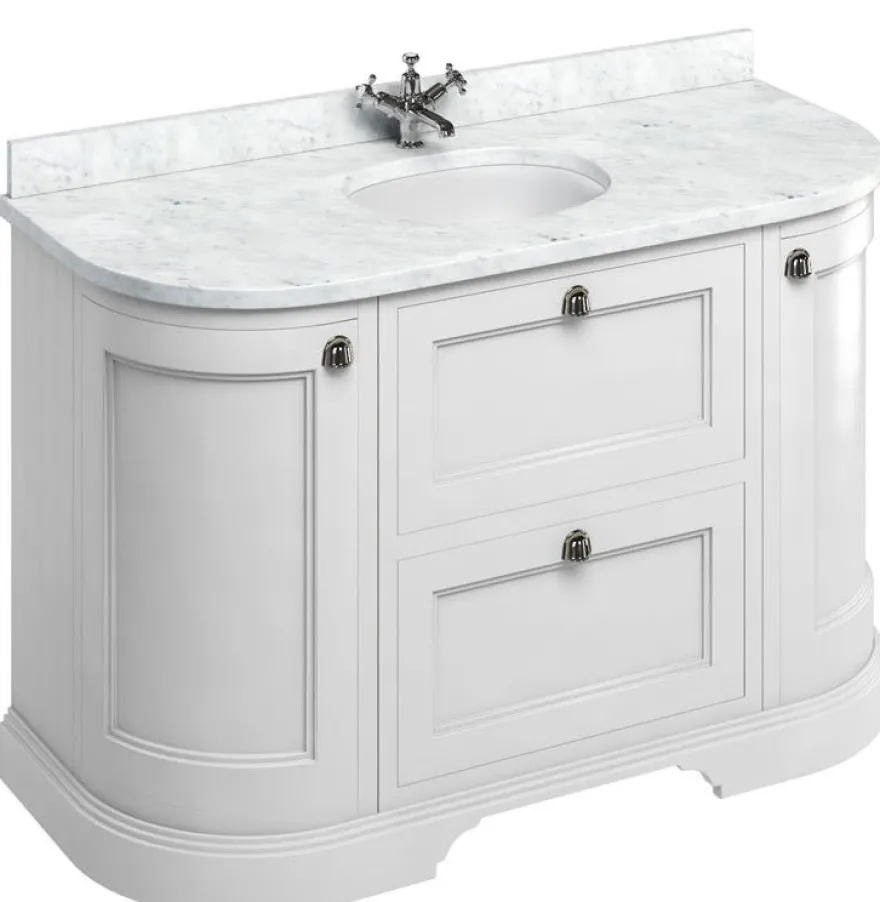 Badrumskommod rundat Burlington - 134 cm vit/Carrara/låda