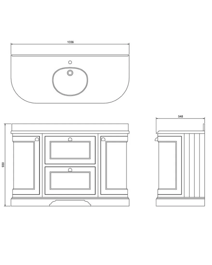 Badrumskommod rundat Burlington - 134 cm vit/Carrara/låda
