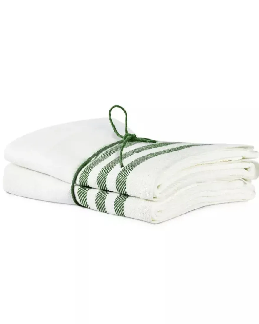 Kökshandduk 2-pack - Lin 50x70 cm, rand benvit/grön