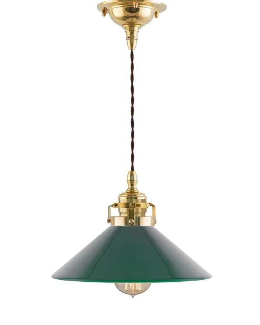 Taklampa - Skomakarsladd mässing med grön skärm 25 cm