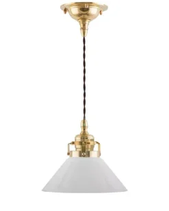 Taklampa - Skomakarsladd mässing, liten vit skärm 15 cm