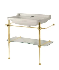 Tvättställ på guldställning med glashylla - Art Deco 88 cm
