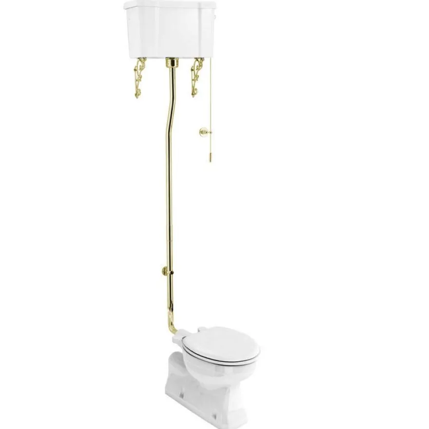 WC - Burlington högspolande toalett, väggcistern & sits - gulddetaljer